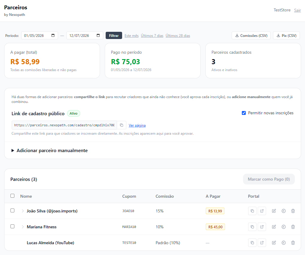 Painel do Parceiros: comissões a pagar, comissões pagas no período, link de cadastro público e a lista de parceiros com cupom, comissão e valor devido.